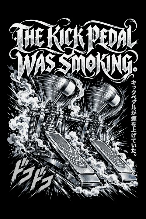 Pólóminta: dupla lábdobpedál füstfelhőben; felette a felirat: The kick pedal was smoking.