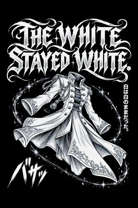 Pólóminta: lebegő, díszes fehér egyenruha-kabát; felette a felirat: The white stayed white.