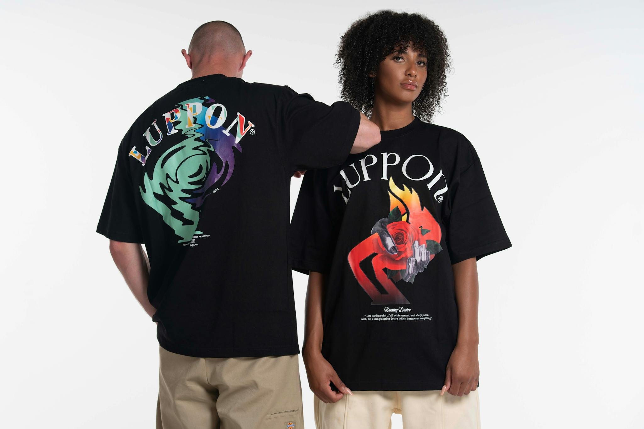 Stylish fashion models showcasing unique graphic t-shirts on a white background.